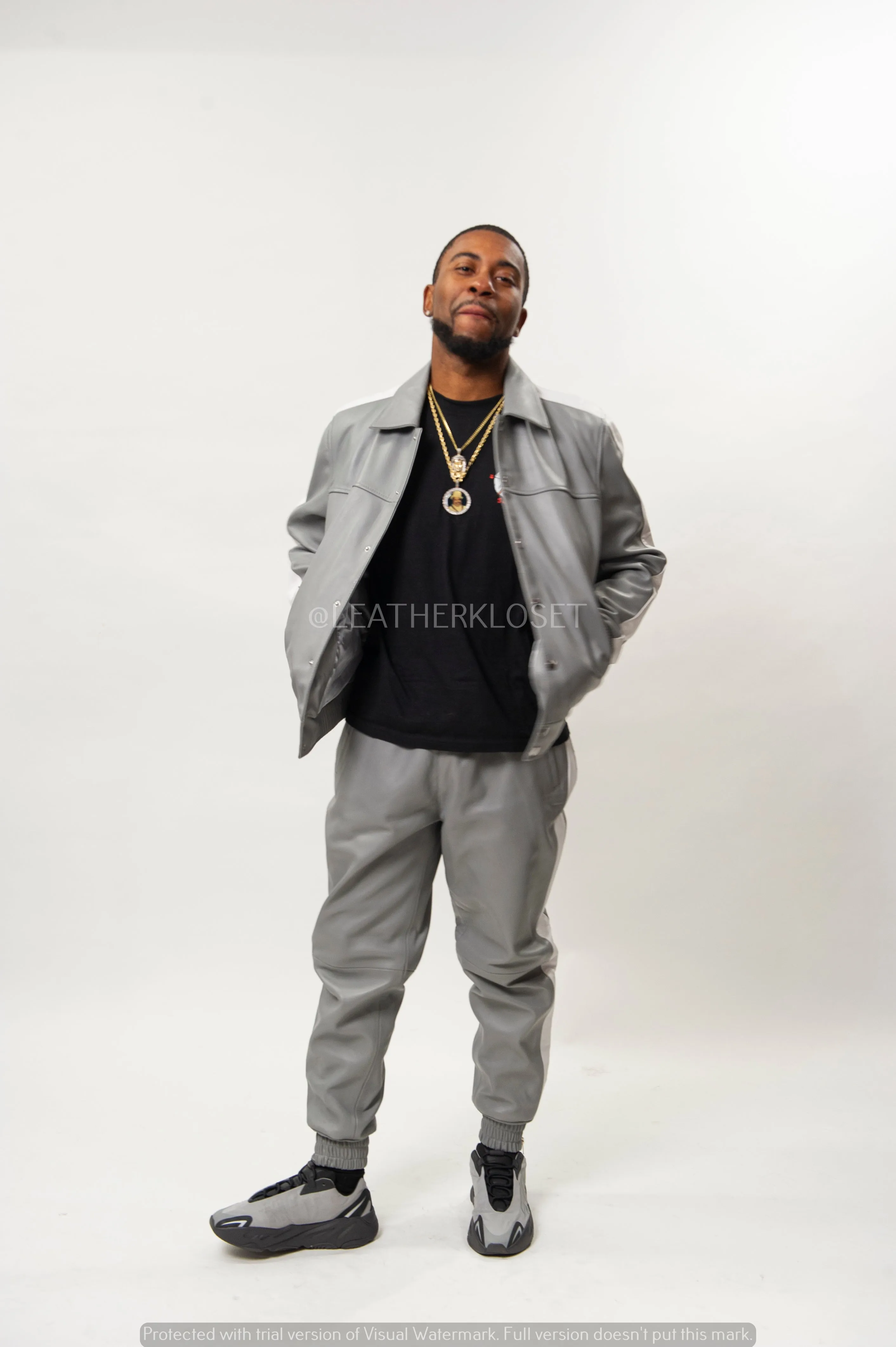 Men's Leather Track Suit Sweatsuit [Gray/White]