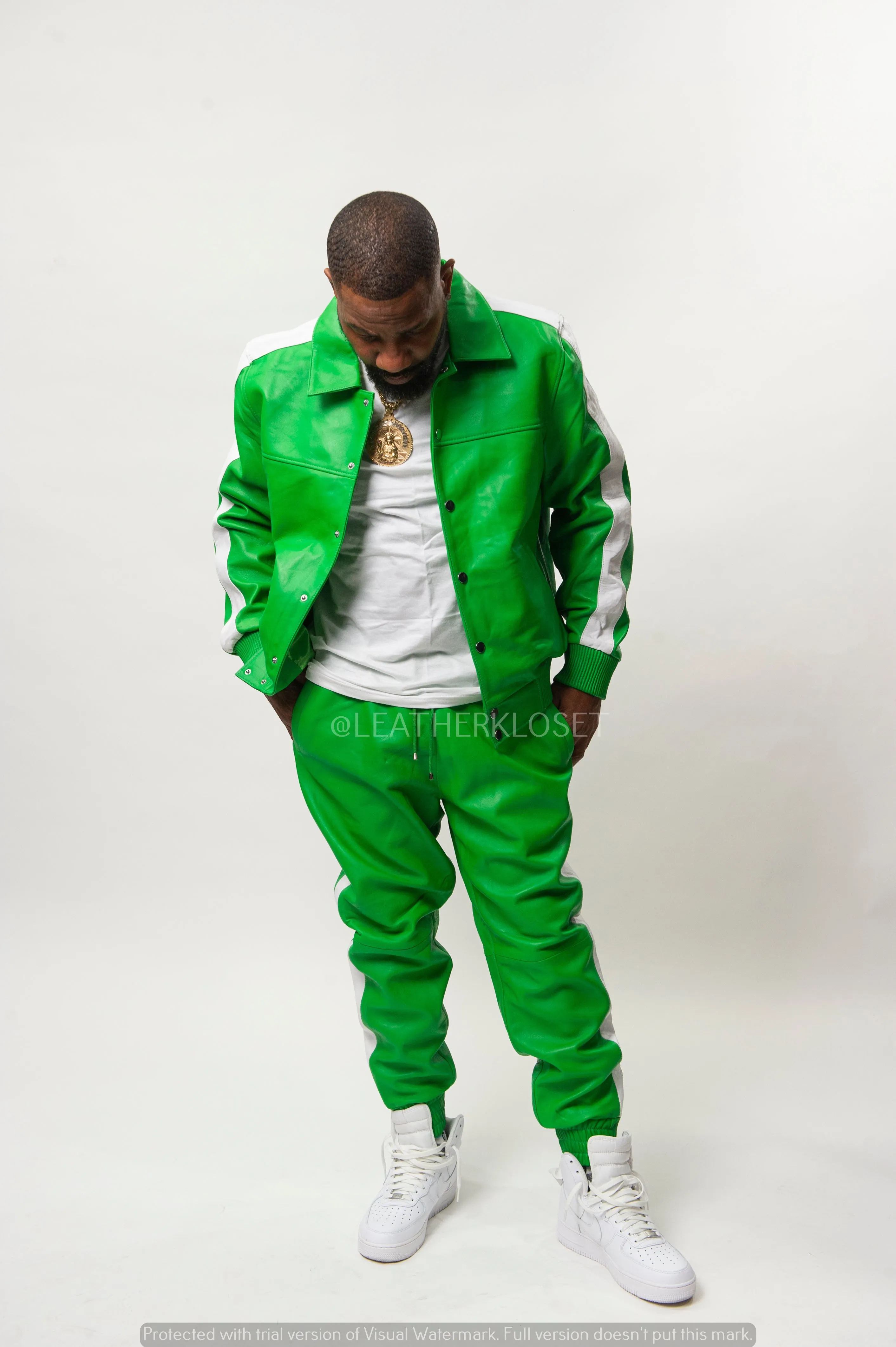 Men's Leather Track Suit Sweatsuit [Green/White]