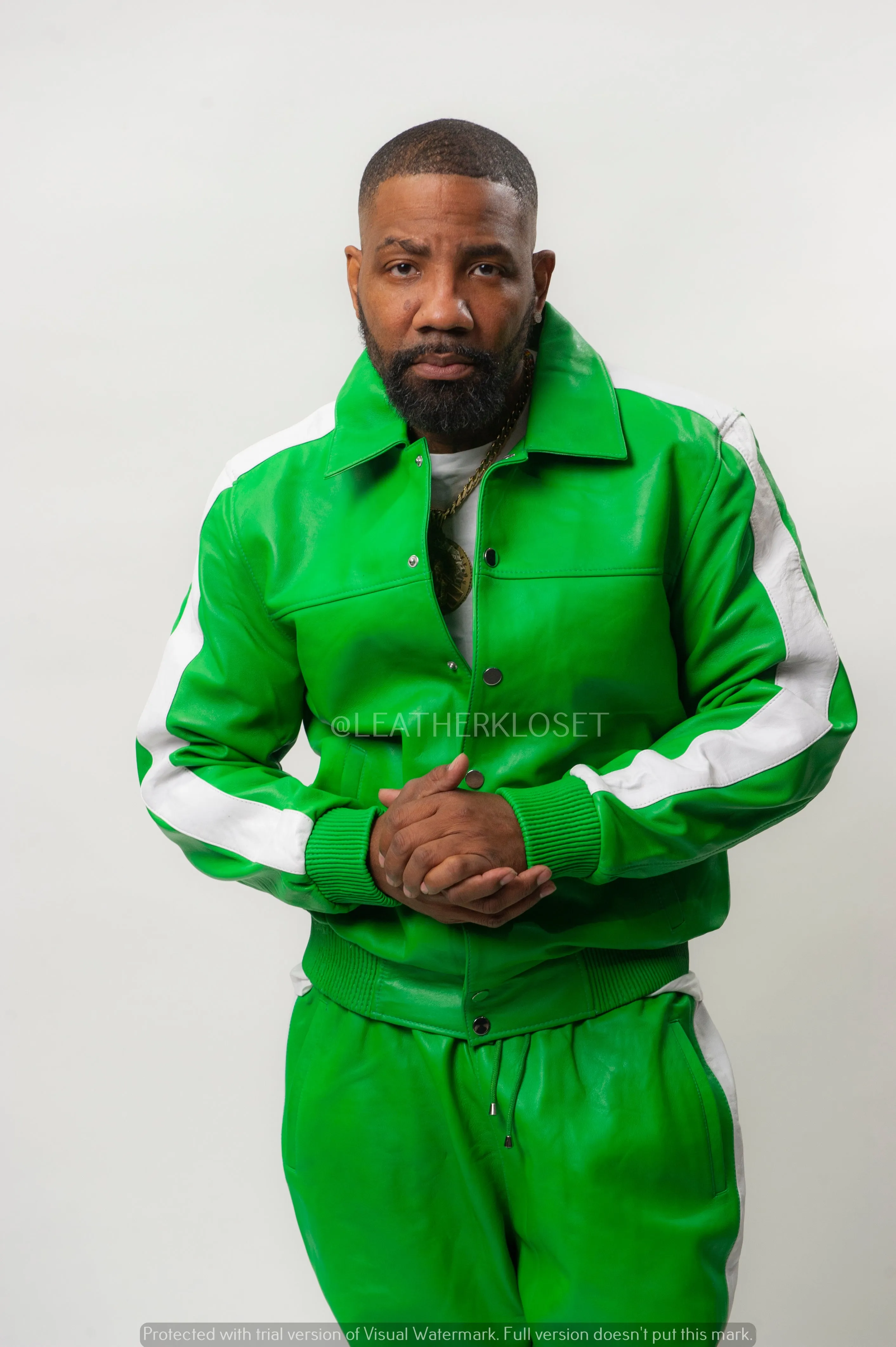 Men's Leather Track Suit Sweatsuit [Green/White]