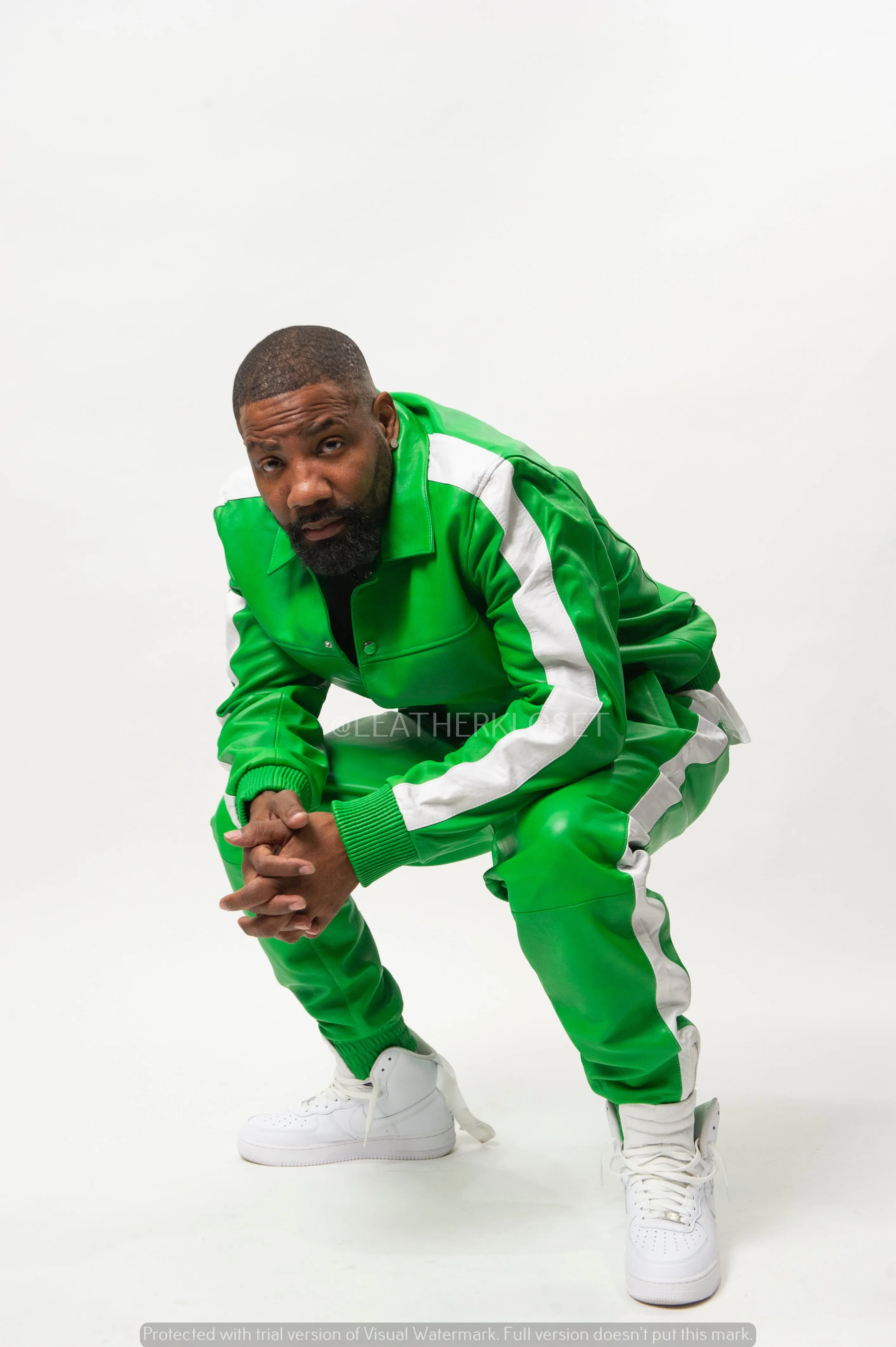 Men's Leather Track Suit Sweatsuit [Green/White]