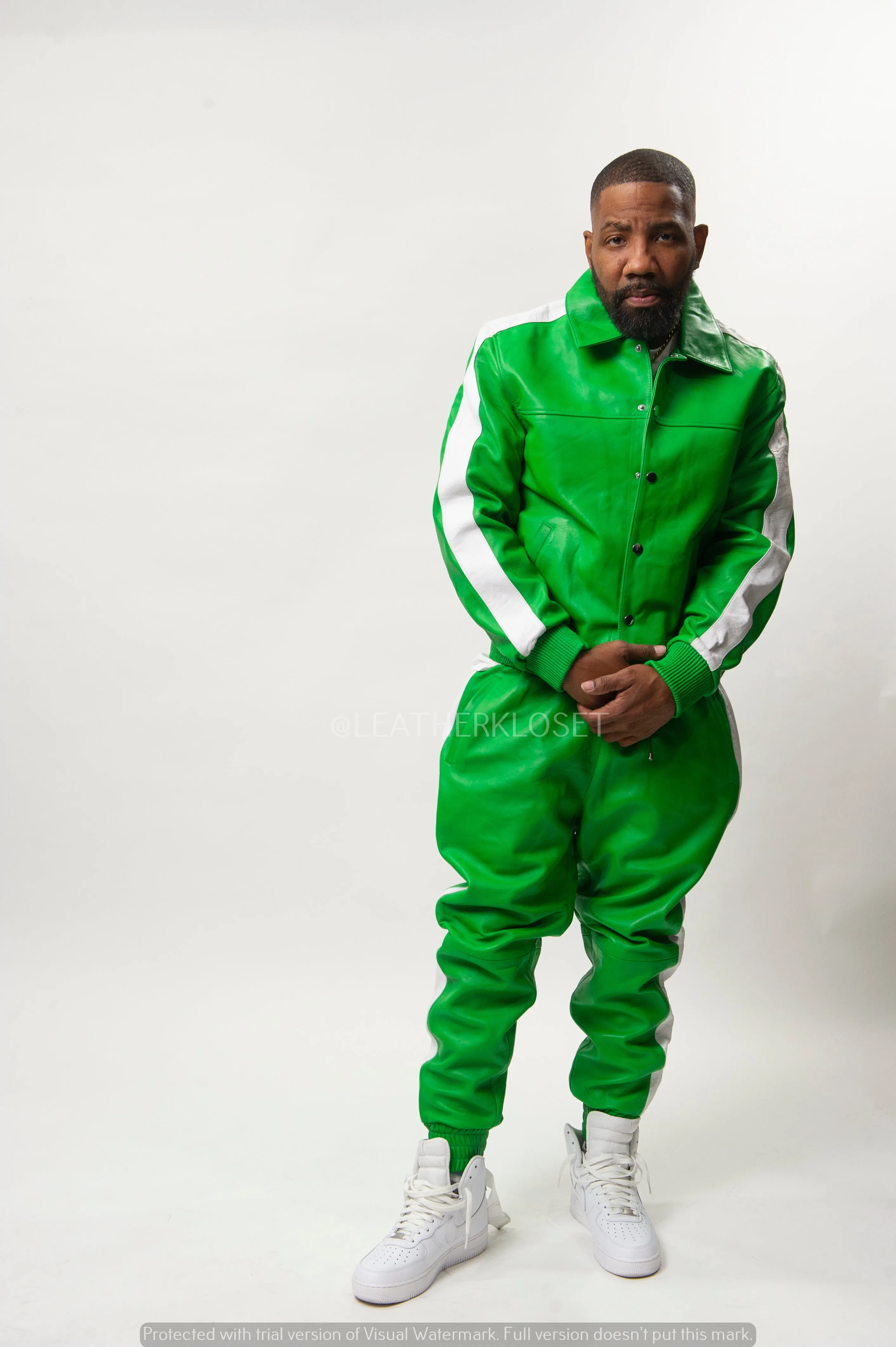 Men's Leather Track Suit Sweatsuit [Green/White]