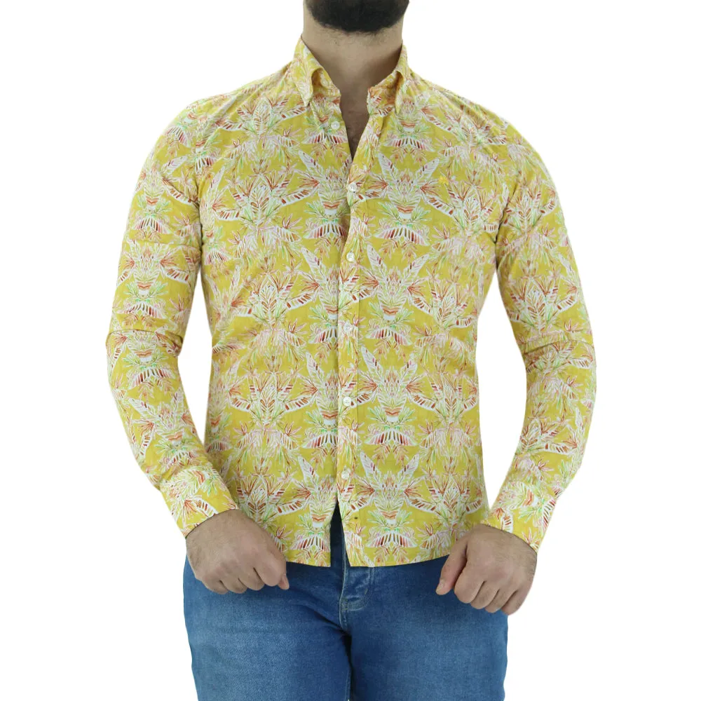 Men's Printed Stretchy Casual Shirt,Yellow