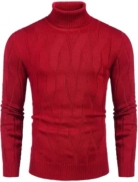 Men's Red Slim Fit Turtleneck Sweater Casual Knitted Pullover Sweater