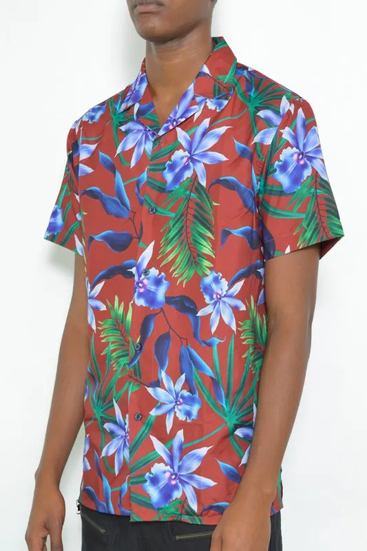 MENS TROPICAL RED BUTTON DOWN SHIRT PRINT