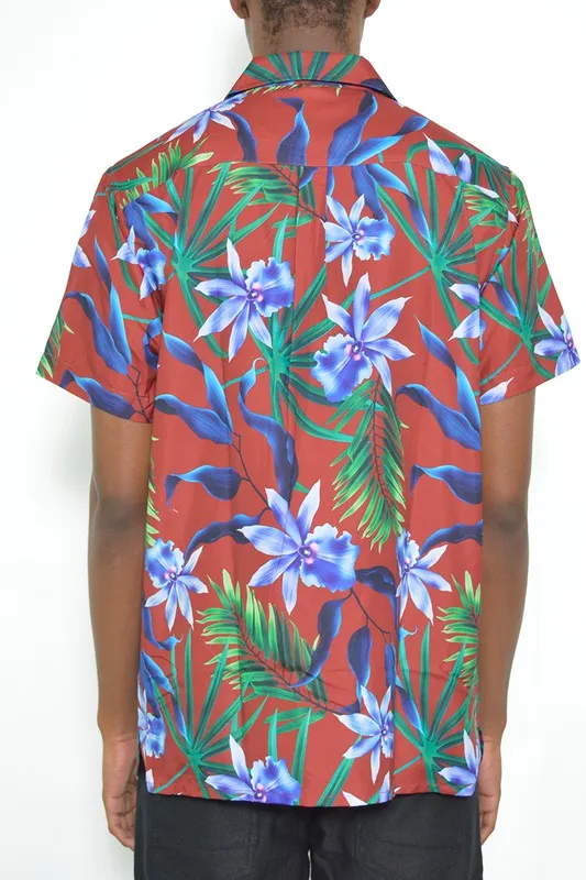 MENS TROPICAL RED BUTTON DOWN SHIRT PRINT