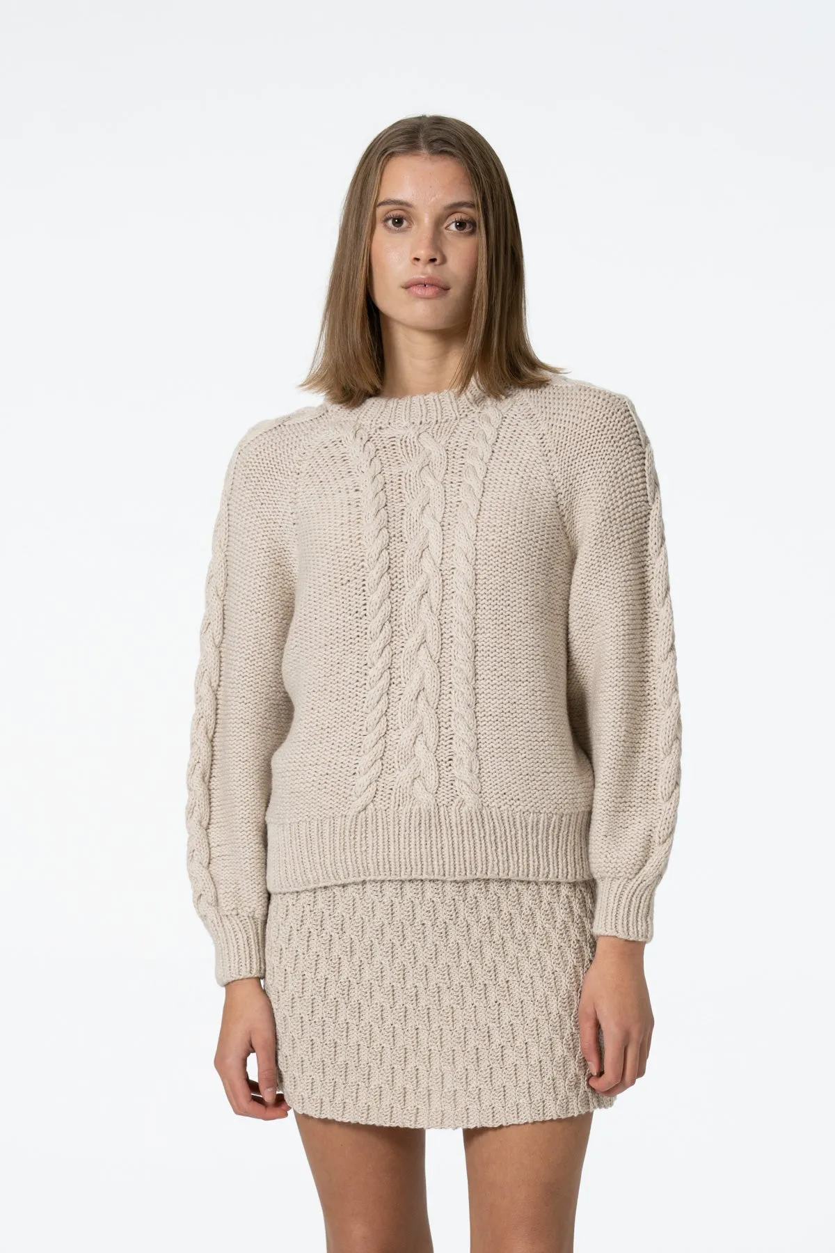 Merino Handknit Cable Sweater Almond White