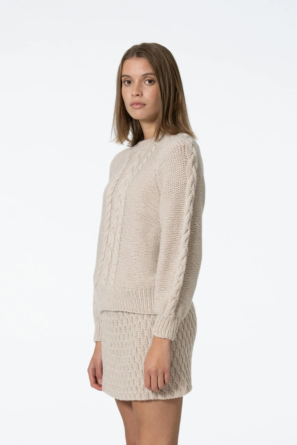 Merino Handknit Cable Sweater Almond White