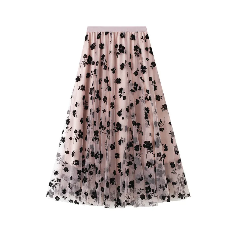 Mesh Skirt Flower Printed Fairy Pleated Skirt 742