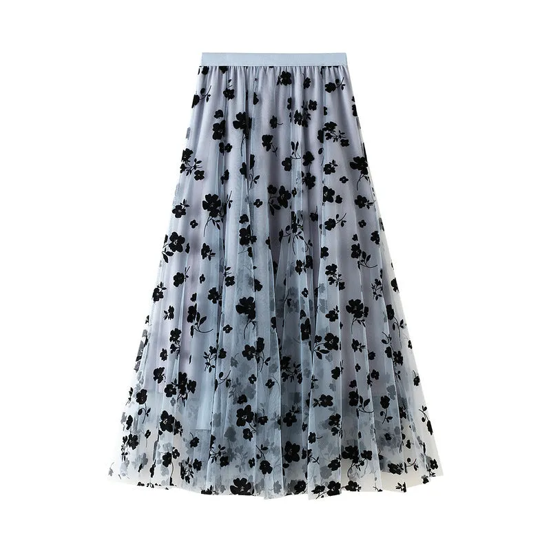 Mesh Skirt Flower Printed Fairy Pleated Skirt 742