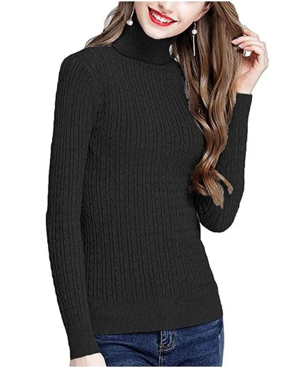 MFrannie Womens Twist Ribbed Cable Stretchy Fit Knit Turtleneck Sweater