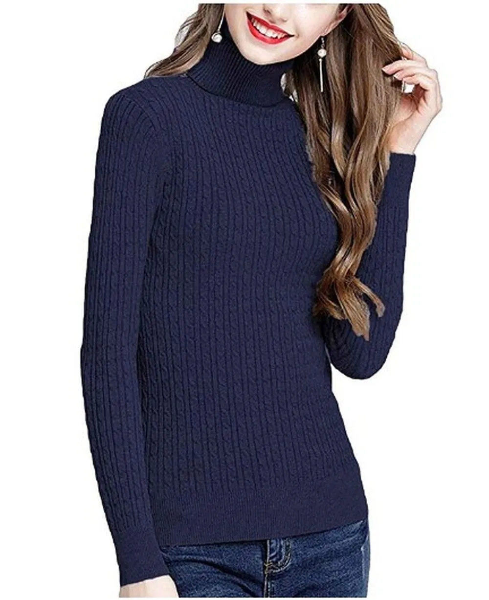 MFrannie Womens Twist Ribbed Cable Stretchy Fit Knit Turtleneck Sweater