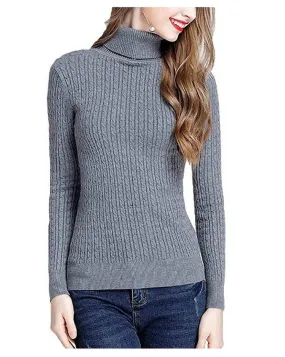 MFrannie Womens Twist Ribbed Cable Stretchy Fit Knit Turtleneck Sweater