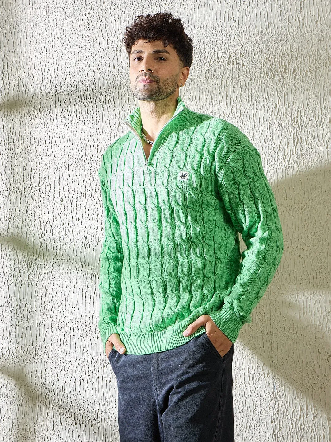 Mint Cable Knit Quarter Zip Turtleneck Sweater