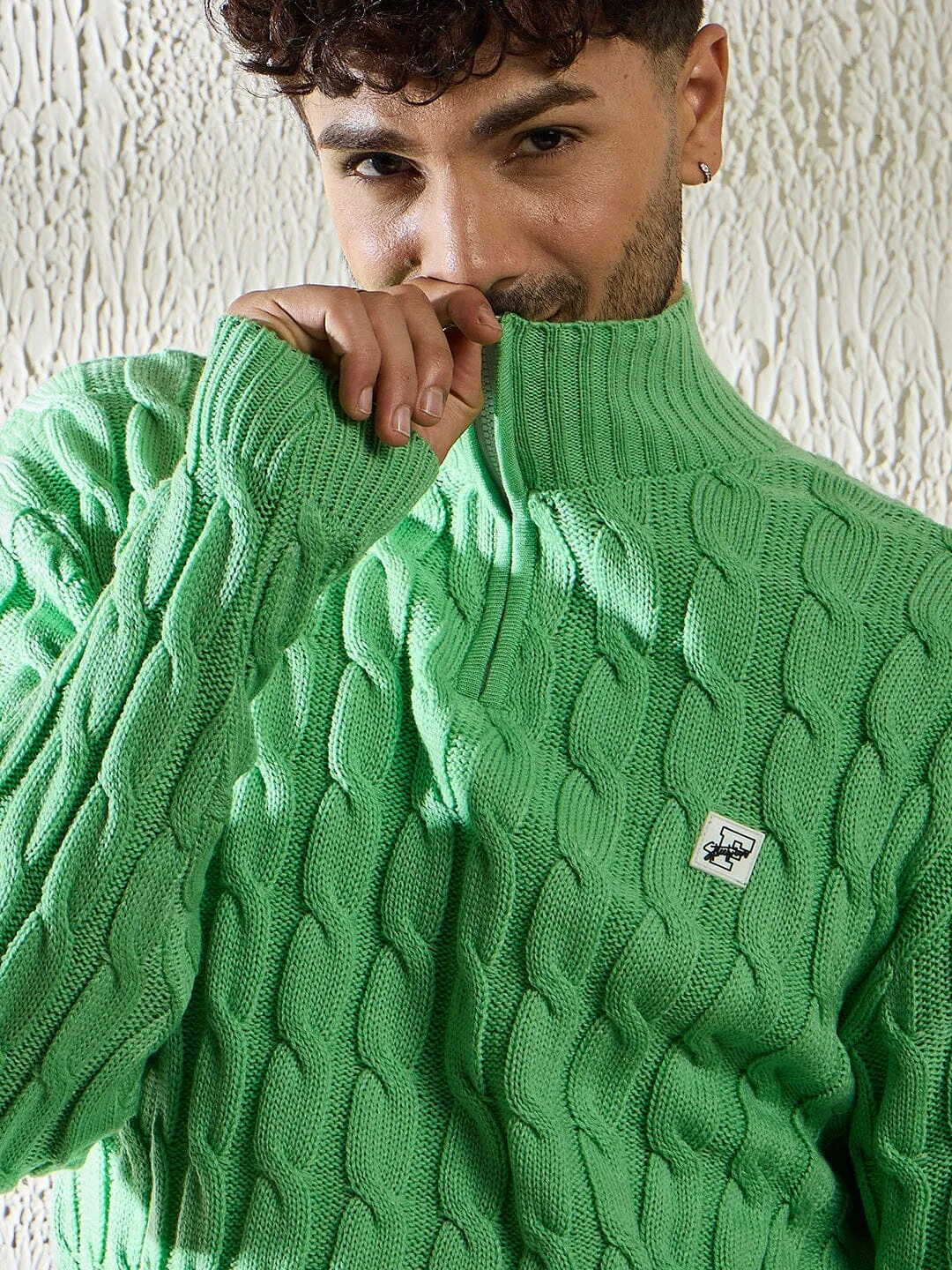 Mint Cable Knit Quarter Zip Turtleneck Sweater