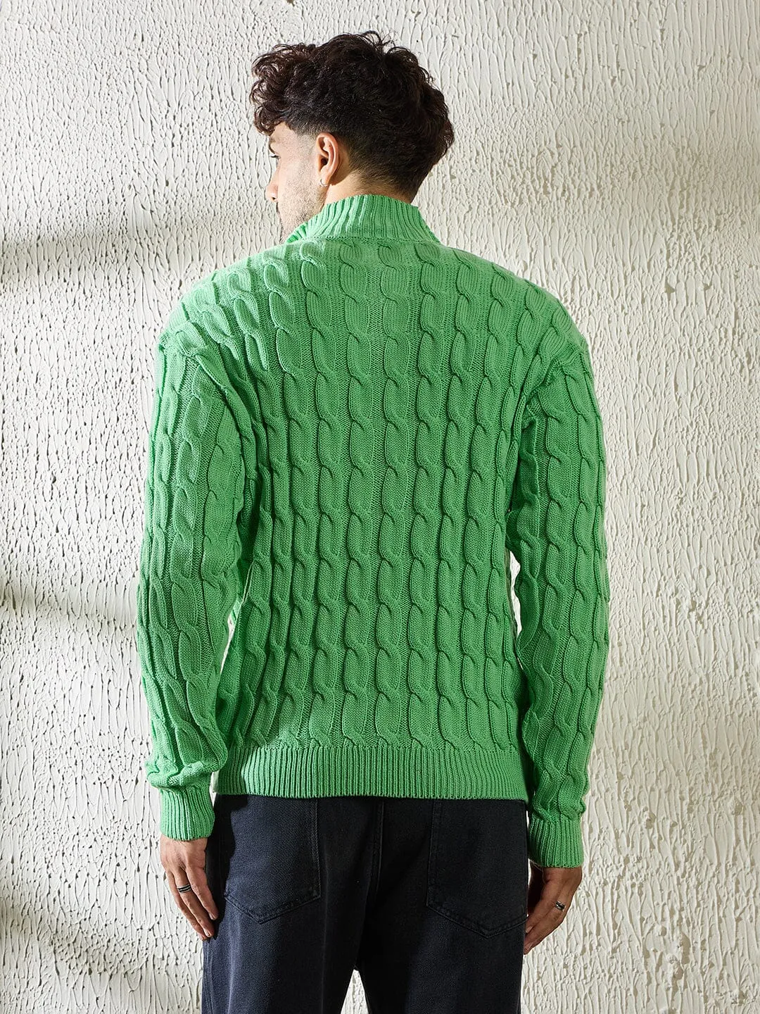 Mint Cable Knit Quarter Zip Turtleneck Sweater