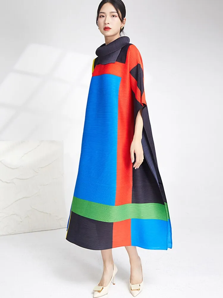 Miyake Pleated Contrast Turtleneck Midi Dress