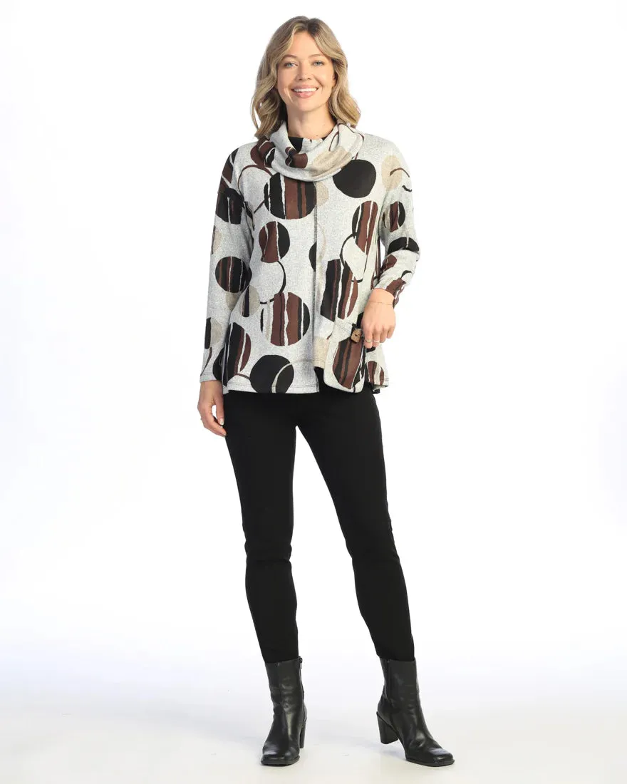 Mocha Dots French Brush Turtleneck Tunic Top With Pocket