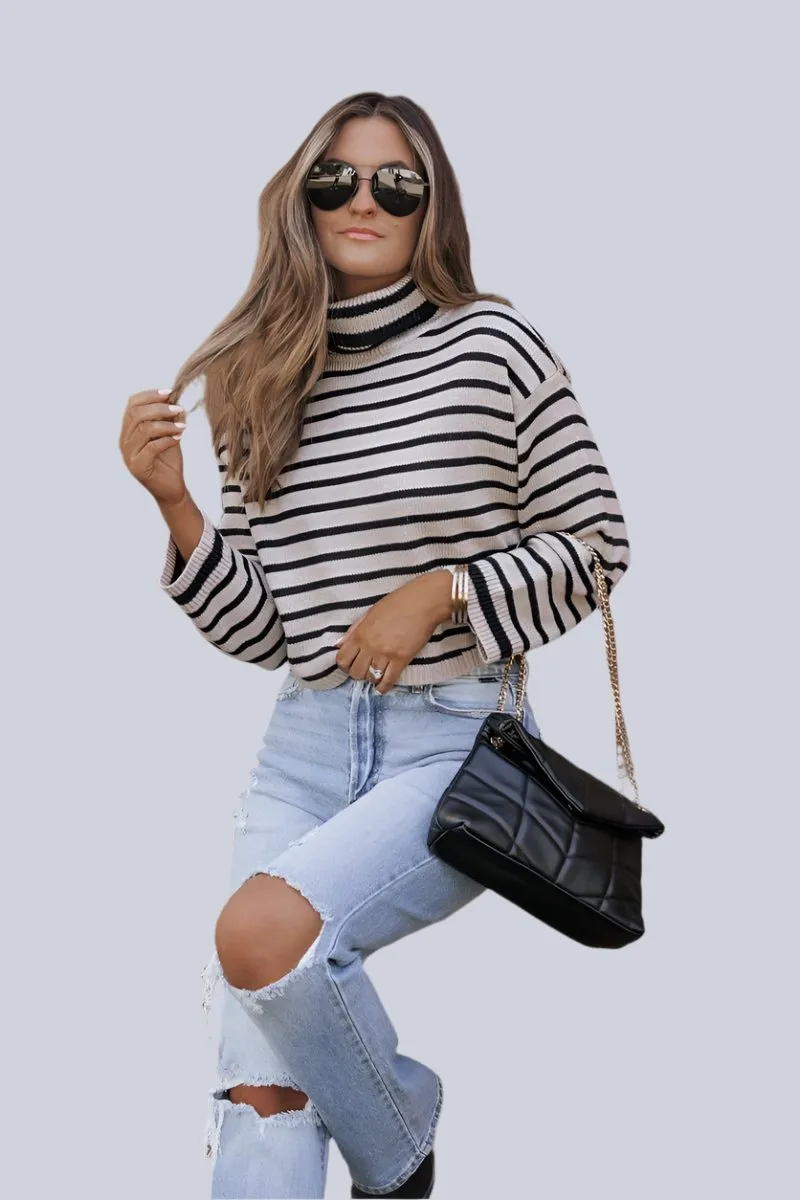 Mocha Striped Long Sleeve Turtleneck Sweater - FINAL SALE