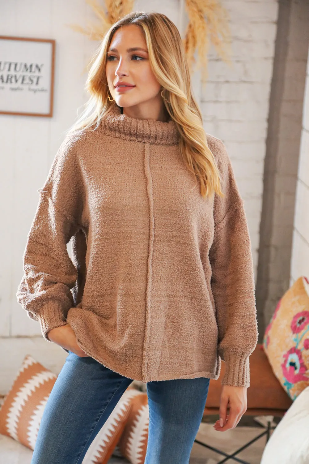 Mocha Velvet Fuzzy Yarn Turtleneck Sweater