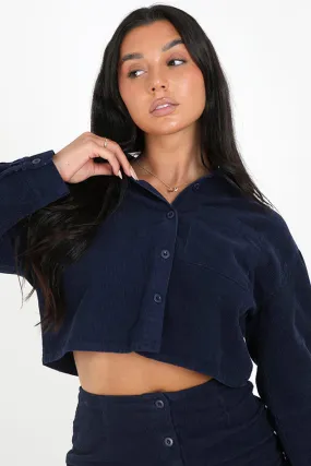 NAVY LONG SLEEVE CROPPED CORDUROY SHIRT