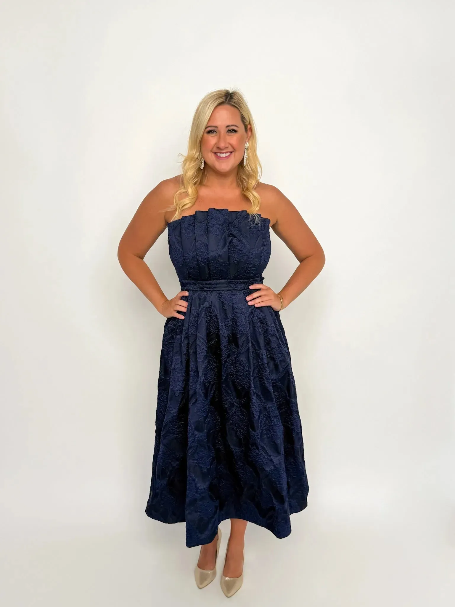 Navy Strapless Floral Midi Dress