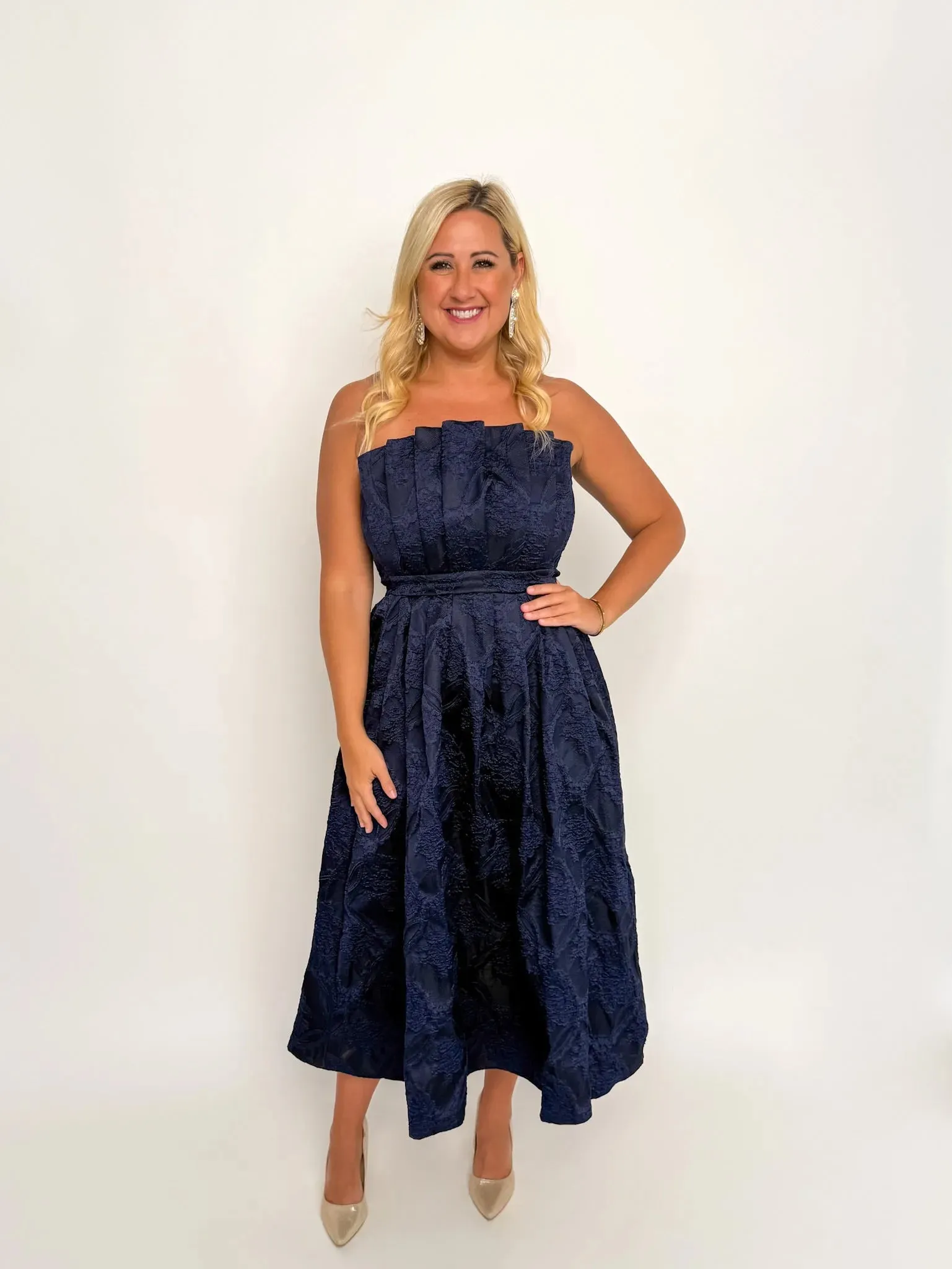 Navy Strapless Floral Midi Dress