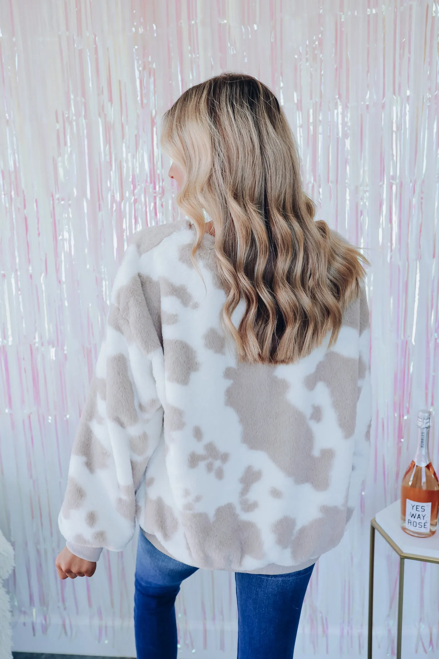 Nellie Cow Print Faux Fur Pullover - Ivory/Taupe