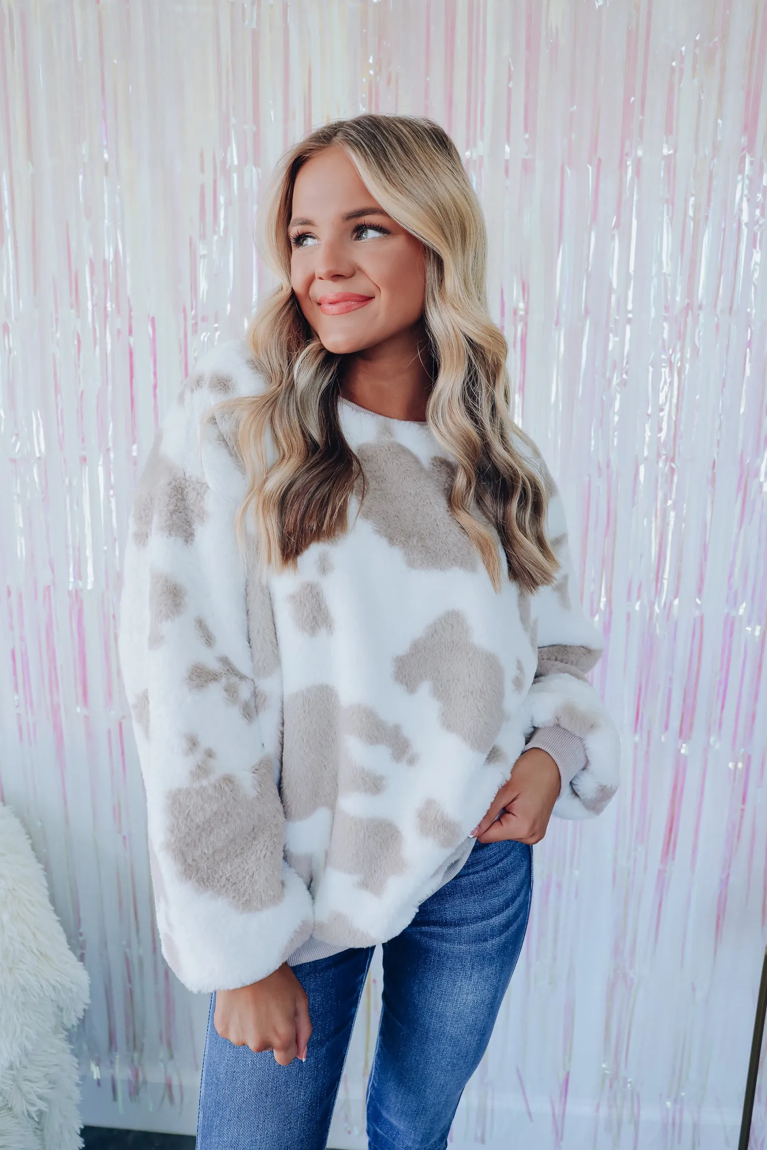 Nellie Cow Print Faux Fur Pullover - Ivory/Taupe