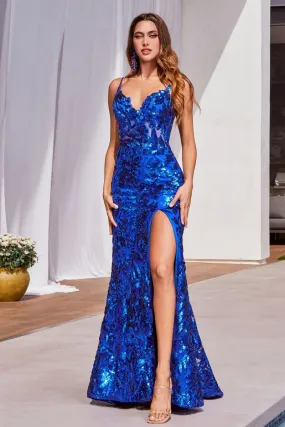 NWT FORMAL SLEEVELESS STRAPPED DAZZLING SEQUIN EMBELLISHED GOWN W/ HIGH LEG SLIT