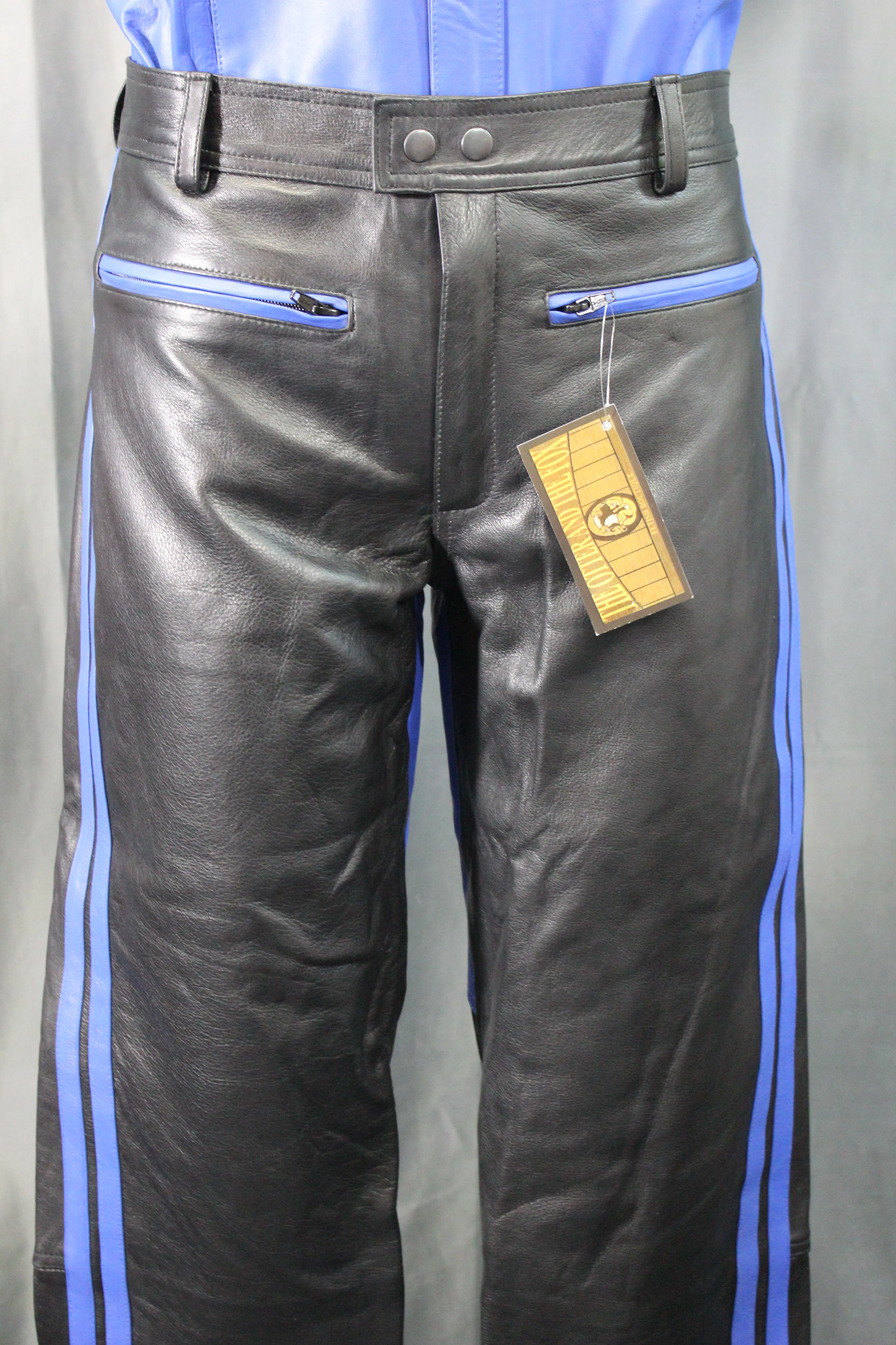 OnF Leather Formal Pants in Black with Blue Highlights