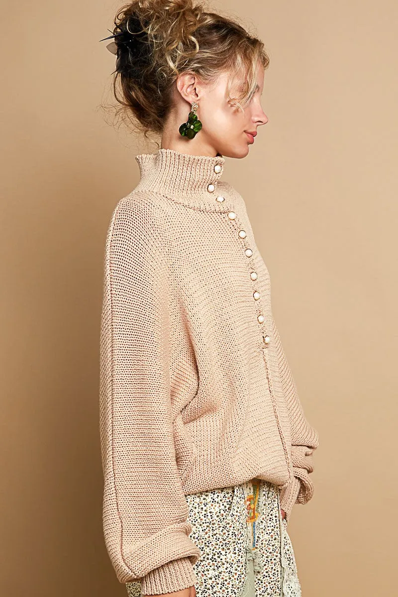 Pearl Detail Turtleneck Long Sleeve Sweater