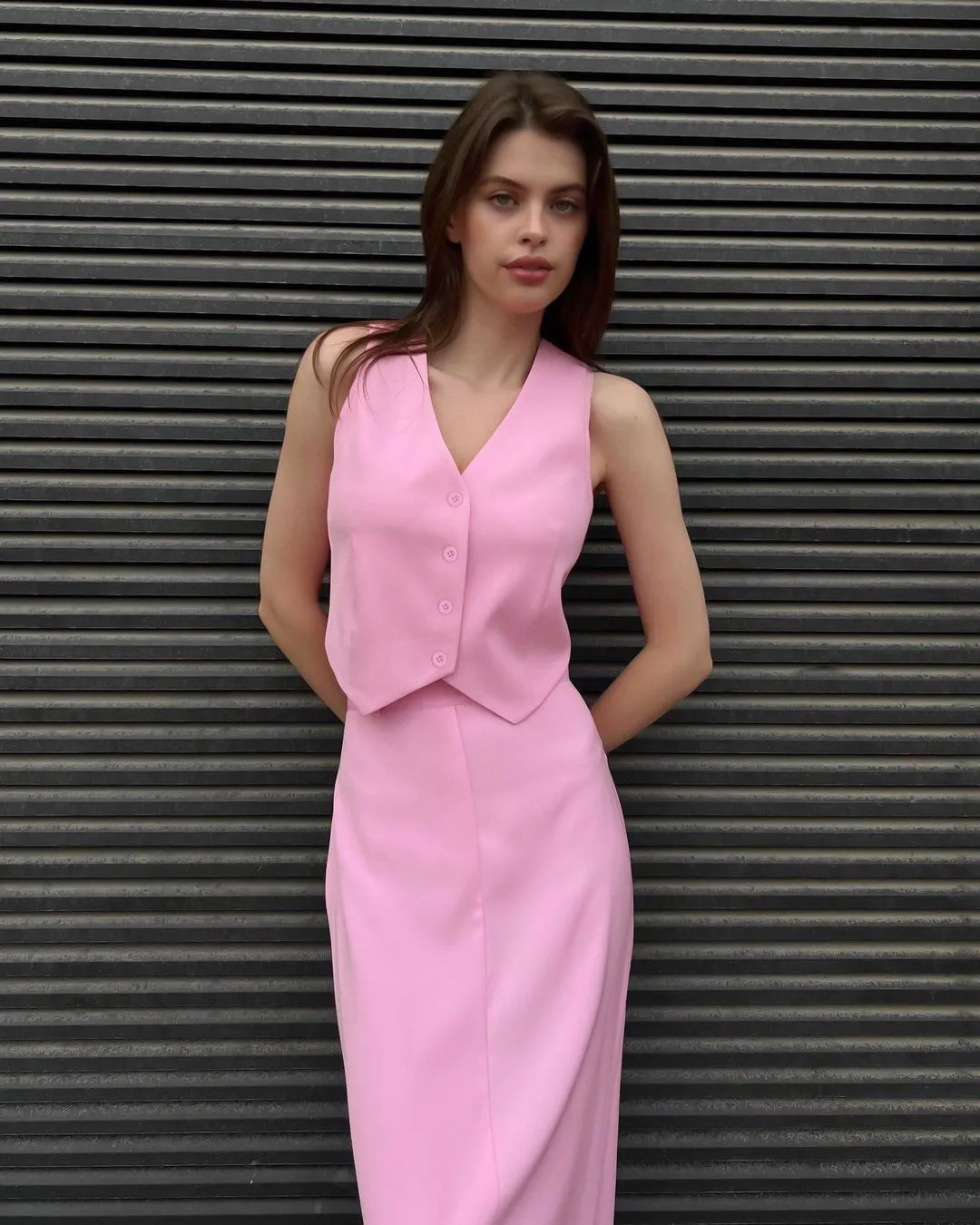 Pink Suit Waistcoat And Skirt Set