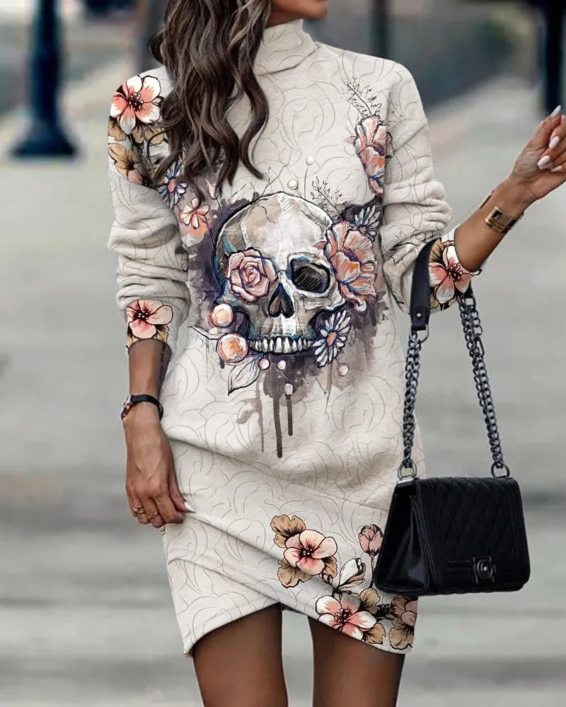 Printed Long Sleeve Turtle Neck Dress (Options)