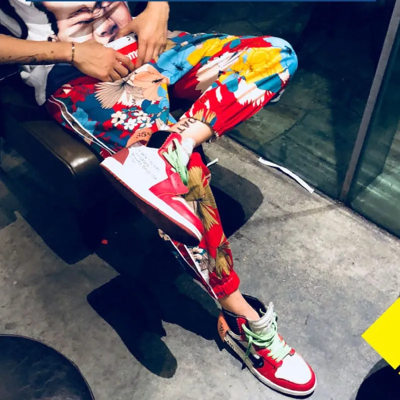 Red Bright Floral Printed Elastic Waist Jogger Casual Men Pants