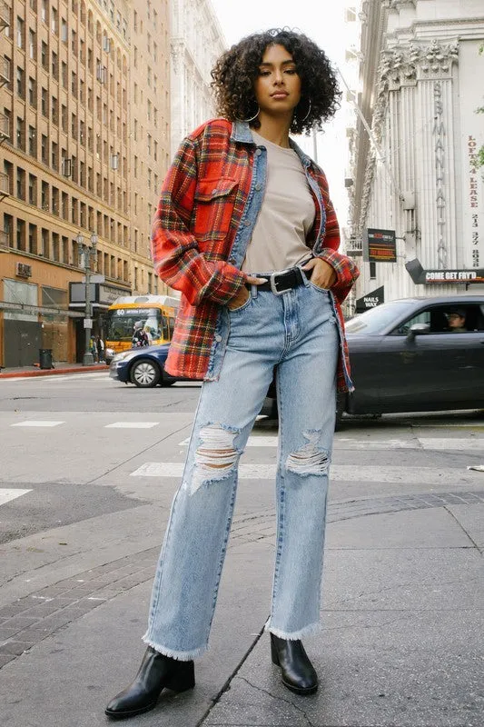 Red Flannel Long Sleeve Shacket With Denim Contrast