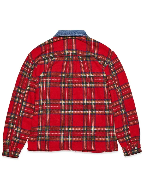 Red Flannel Long Sleeve Shacket With Denim Contrast