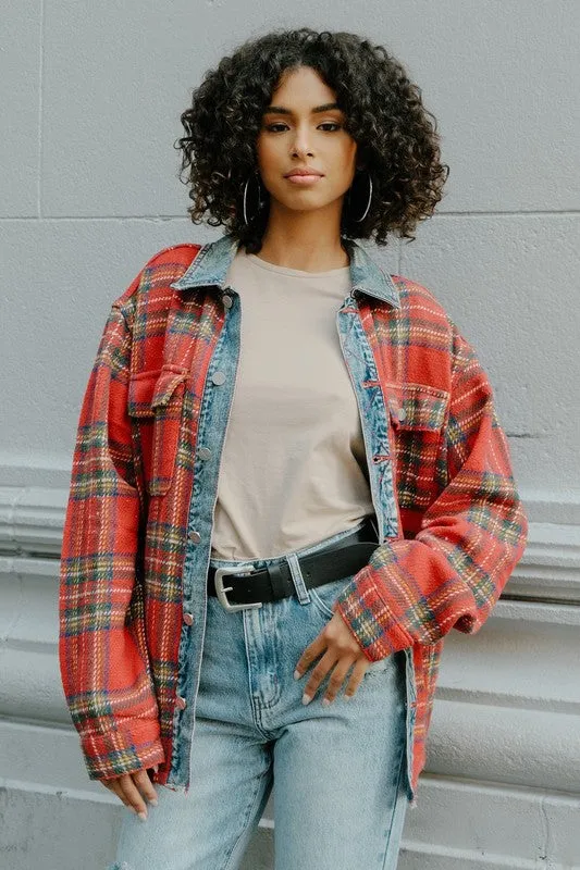 Red Flannel Long Sleeve Shacket With Denim Contrast