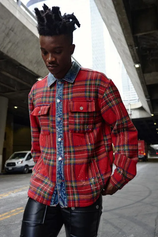 Red Flannel Long Sleeve Shacket With Denim Contrast