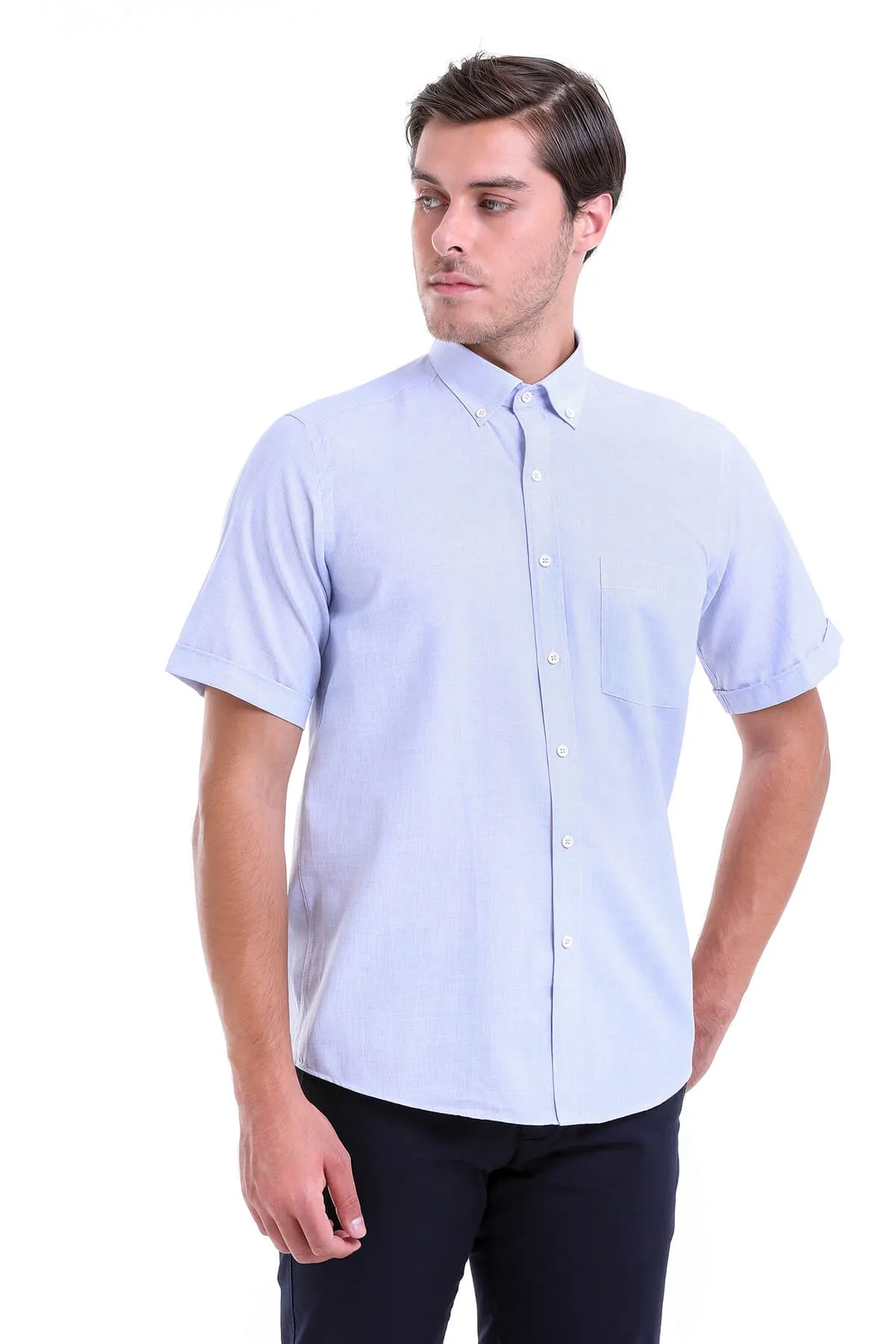 Regular Fit Cotton Blend Blue Dress Shirt