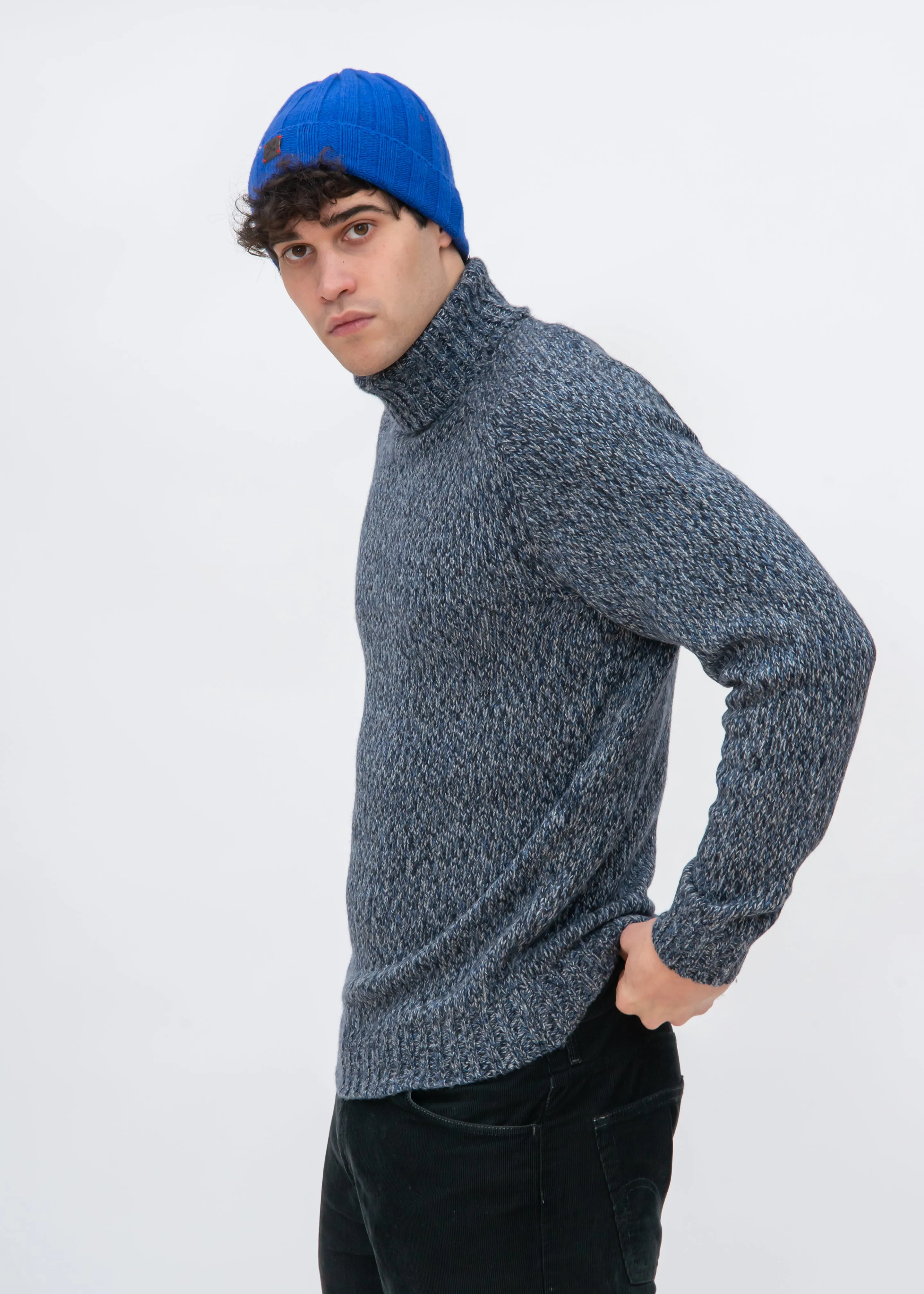 SADDLE SLEEVE MOULINE TURTLENECK SWEATER