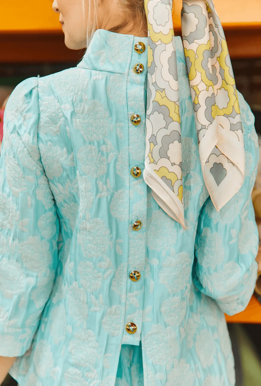 SAMPLE - Long Sleeve Mod Top - Aqua Brocade