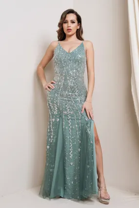 Sequin Fitted Mermaid Dress with Tulle Detail