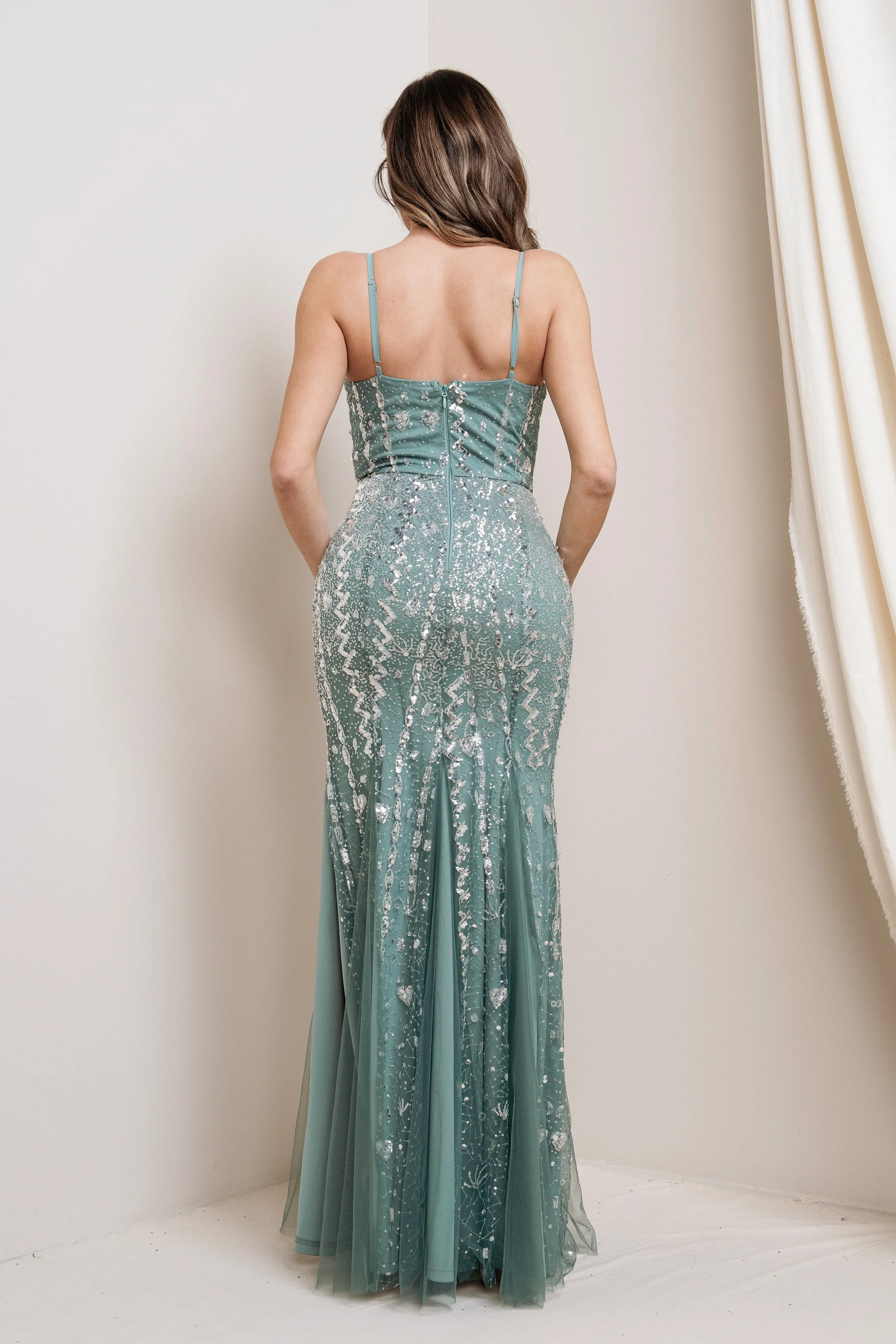 Sequin Fitted Mermaid Dress with Tulle Detail