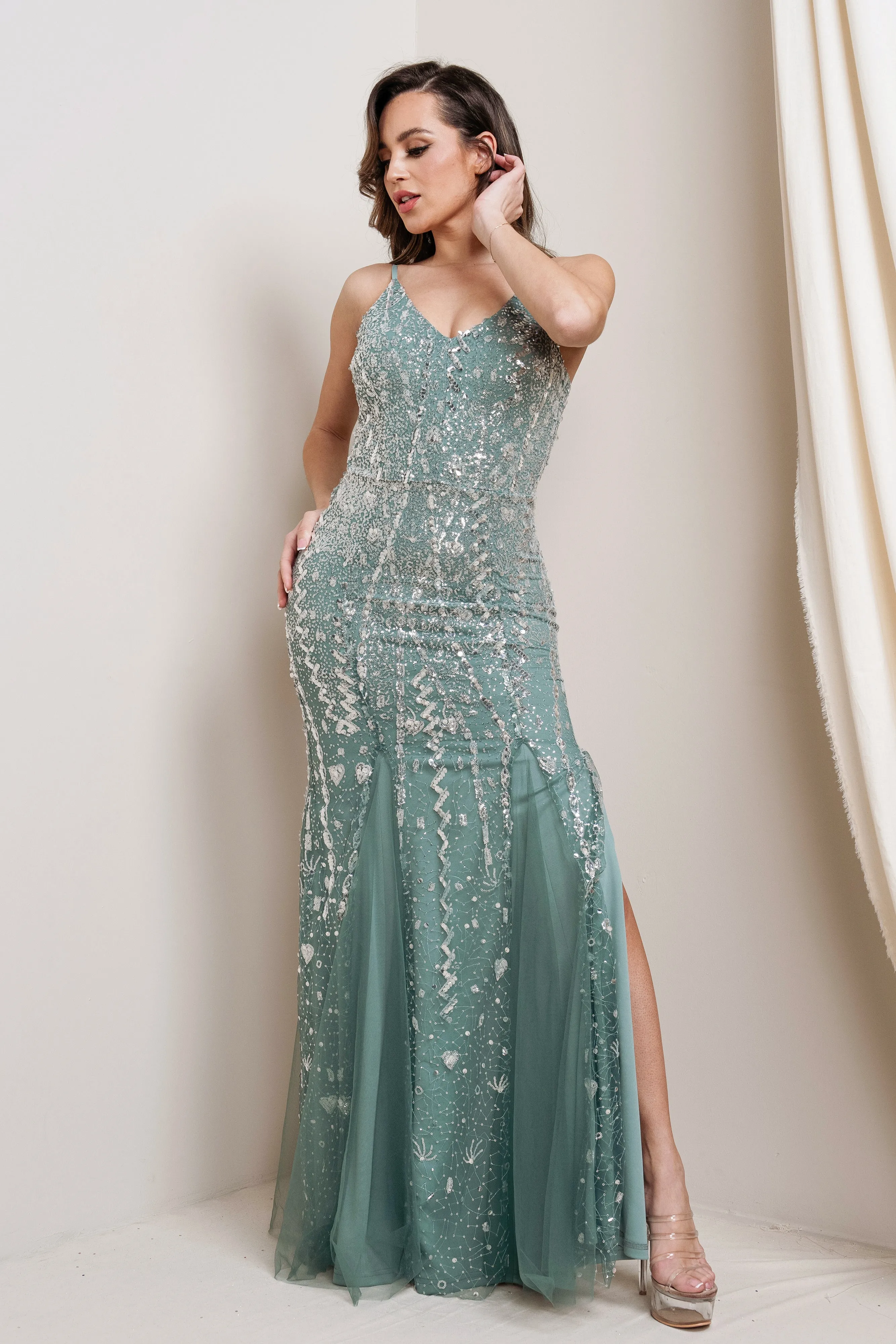 Sequin Fitted Mermaid Dress with Tulle Detail