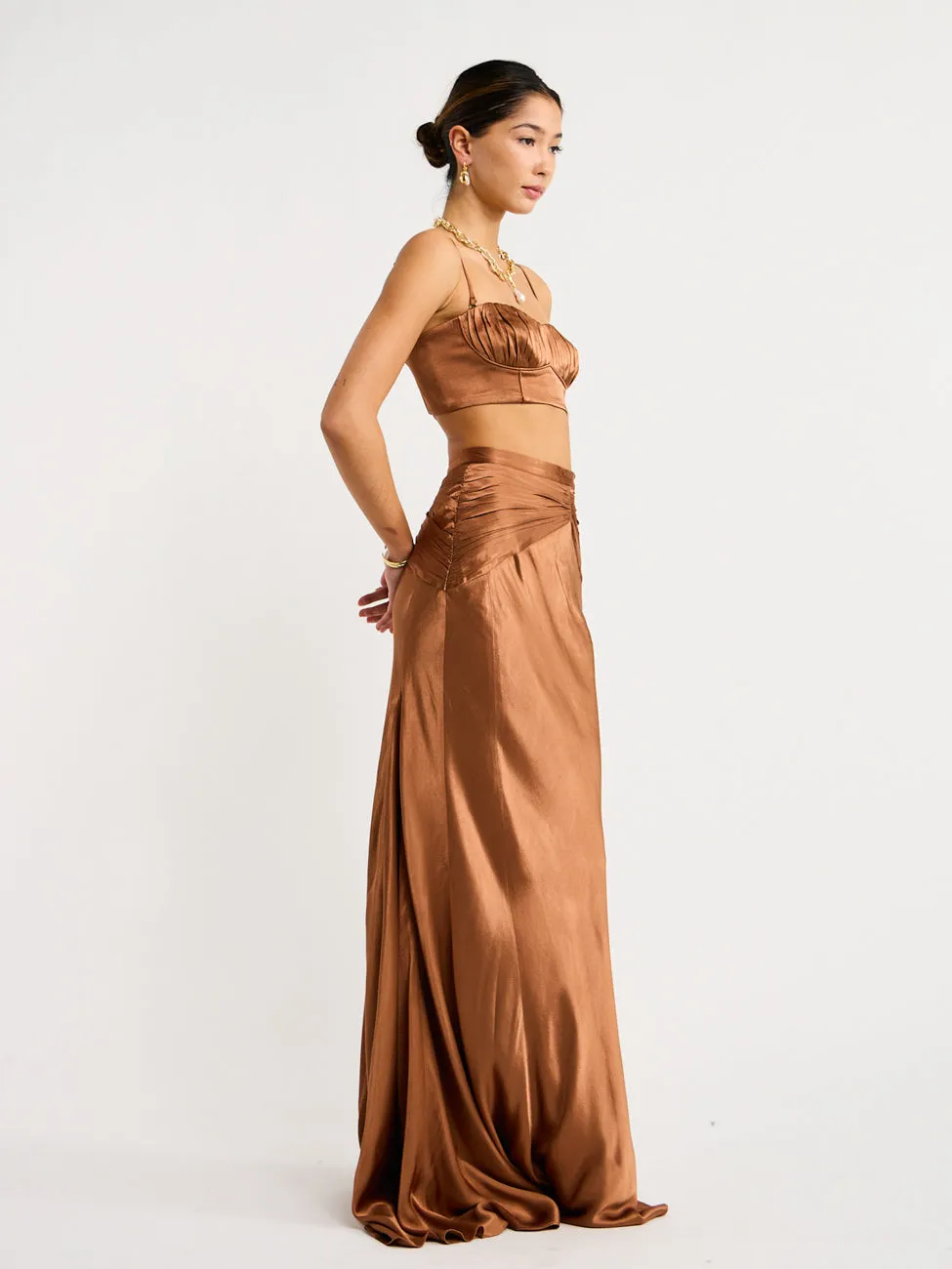 Shona Joy Ruched Maxi Skirt in Almond