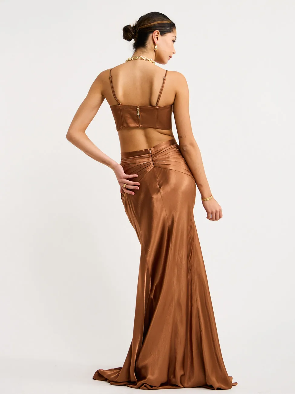 Shona Joy Ruched Maxi Skirt in Almond