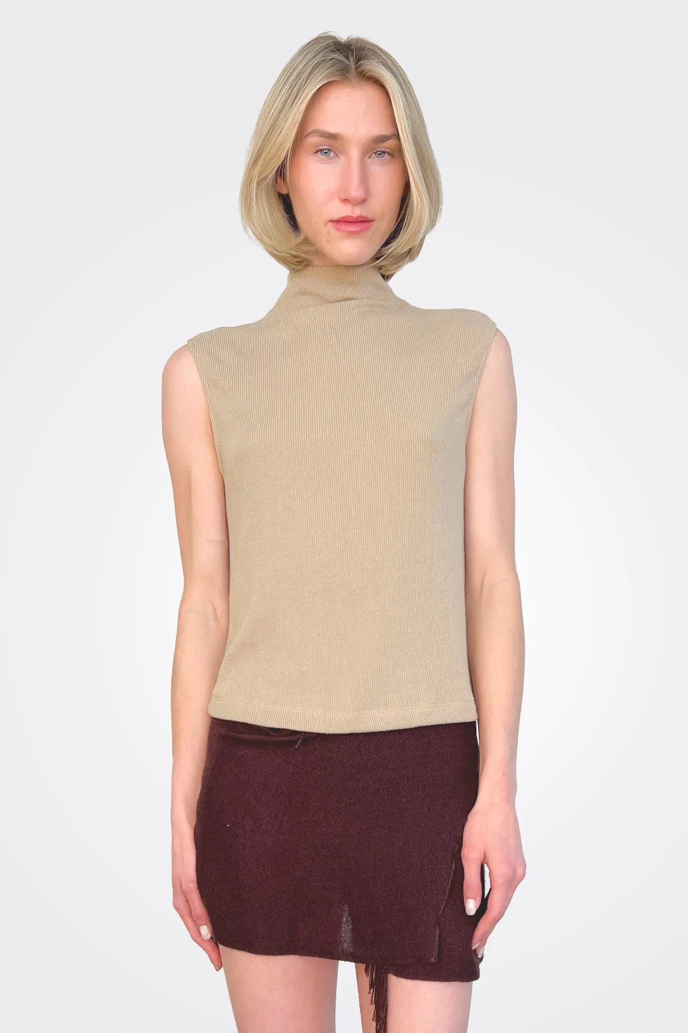 Sleeveless Knit Turtleneck Top - Khaki