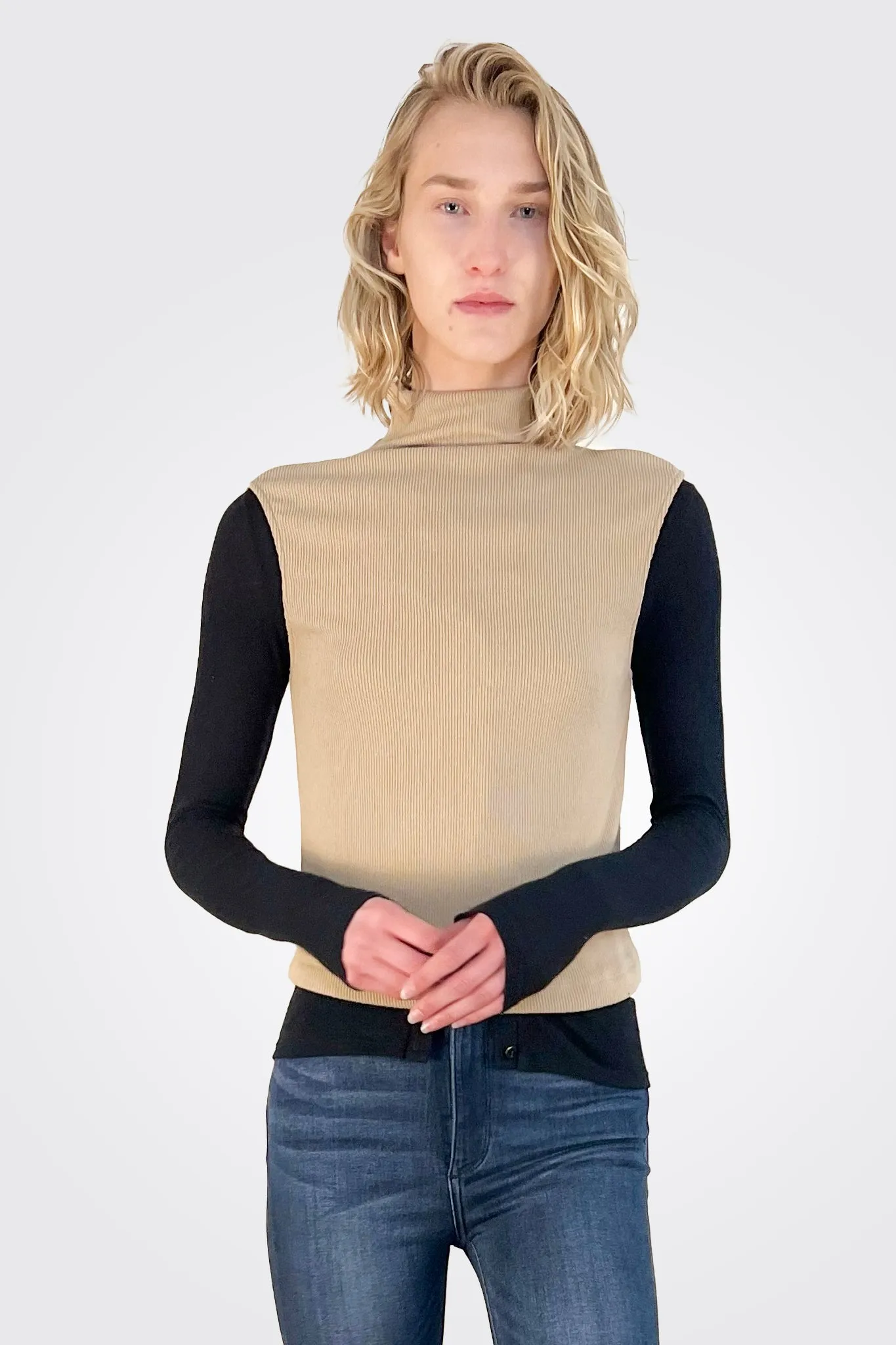 Sleeveless Knit Turtleneck Top - Khaki