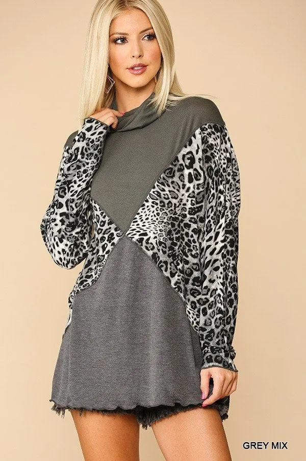 Solid And Animal Print Mixed Knit Turtleneck Top With Long Sleeves