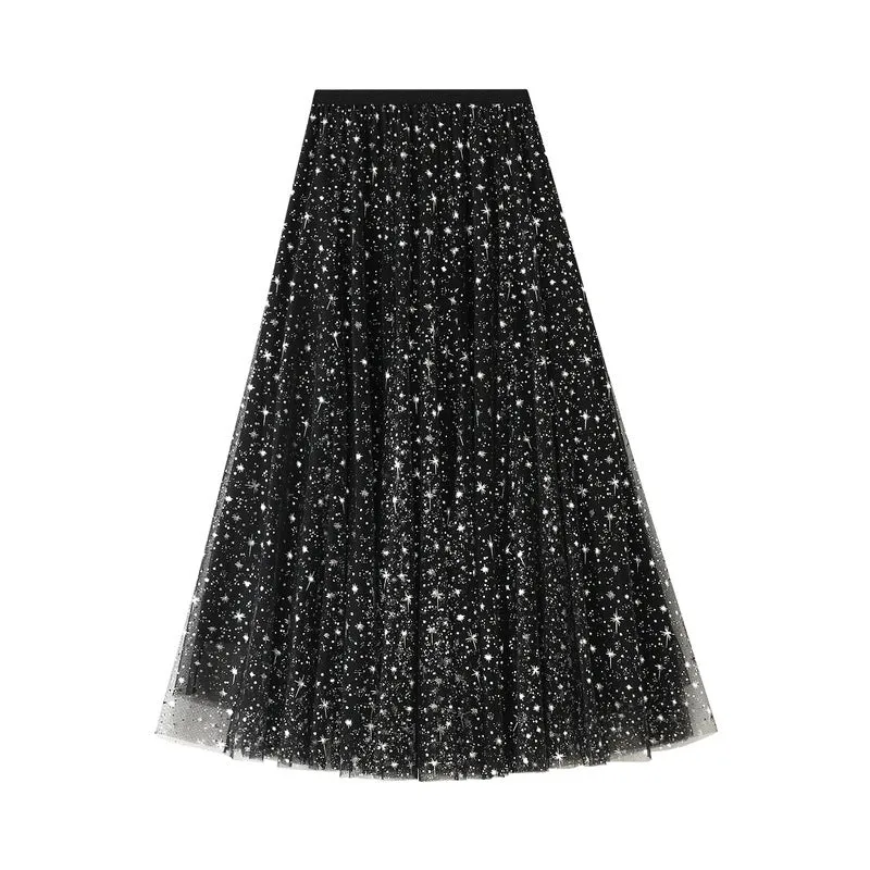 Sparkling Skirt Fairy Tutu Mid Length Star Sequin Mesh Skirt 747